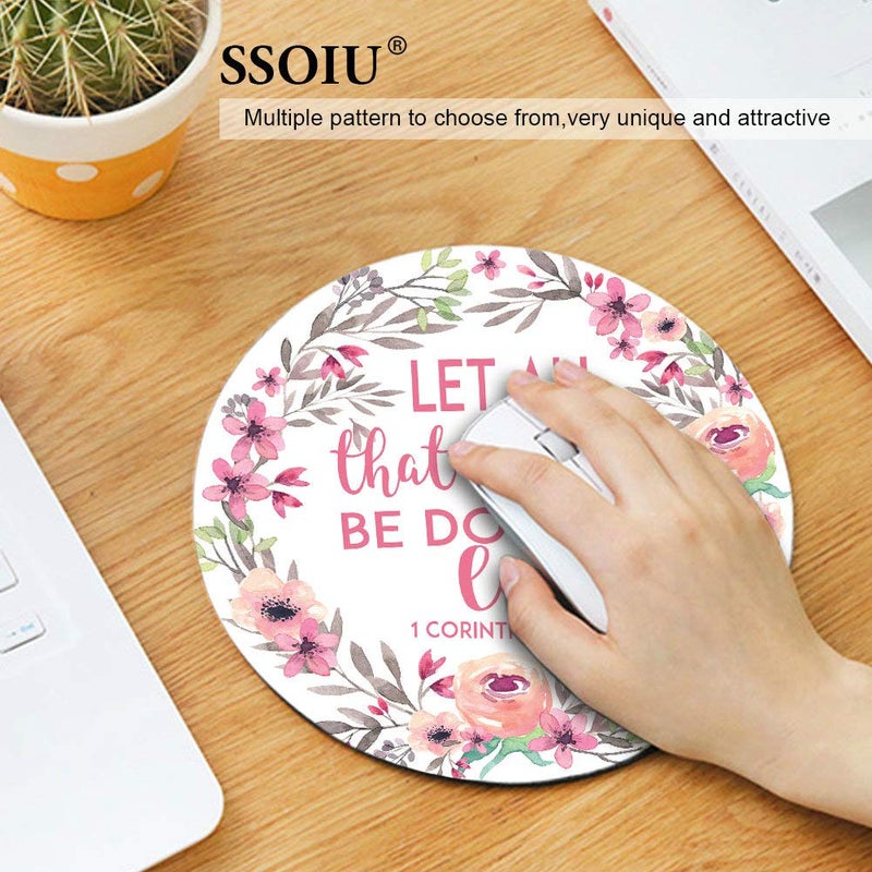SSOIU Round Gaming Mouse Pad Custom, Vintage Watercolor Floral Wreath Christian Bible Verses Scripture Corinthians - Let All That You do be Done in Love - Image 3